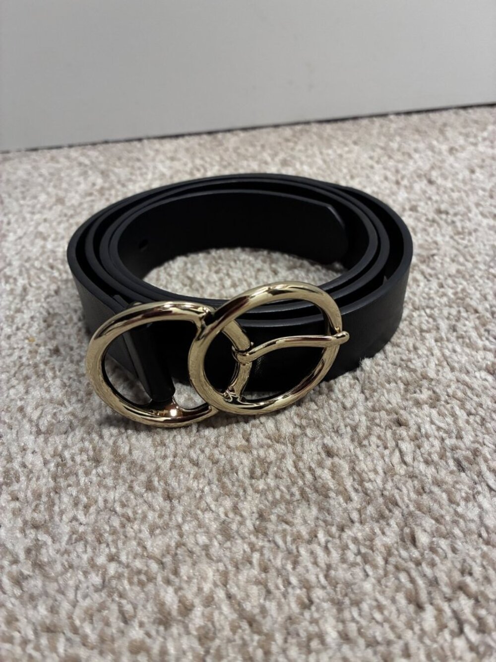 Women's Black Faux Leather Belt with Gold Double Ring Buckle - XL